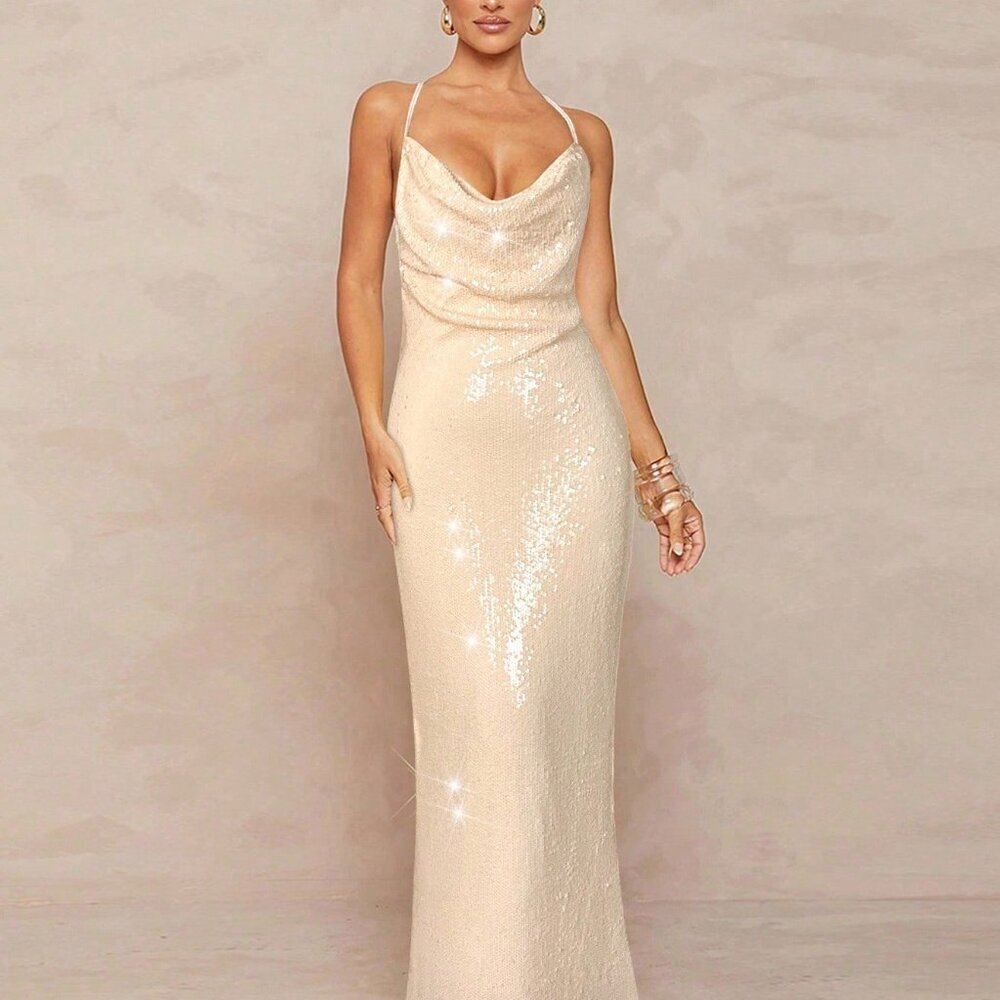 Apricot Party Women's Sequin Mermaid Dress With Backless Criss-Cross Detail